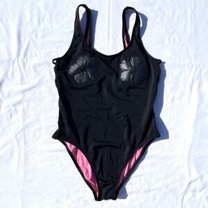 Victorias Secret PINK One Piece Swimsuit Hibiscus Padded Cups Womens Large Black